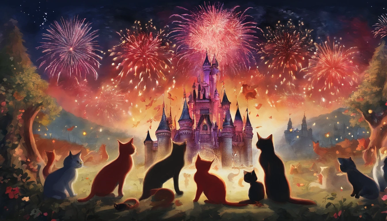 100 Cats Fireworks display Fantastic atmosphere Picture book illustrations watercolor paiting Overall, color is dark red