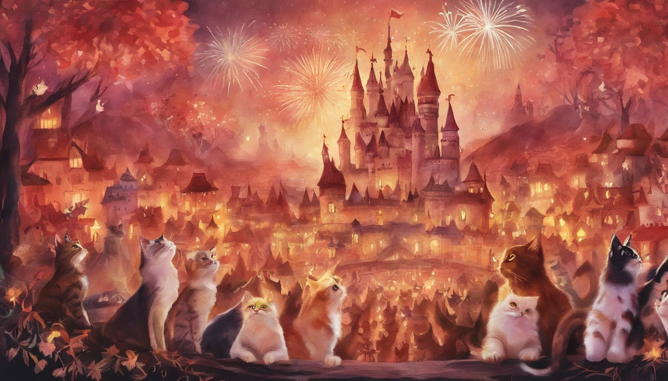 100 Cats Fireworks display Fantastic atmosphere Picture book illustrations watercolor paiting Overall, color is dark red