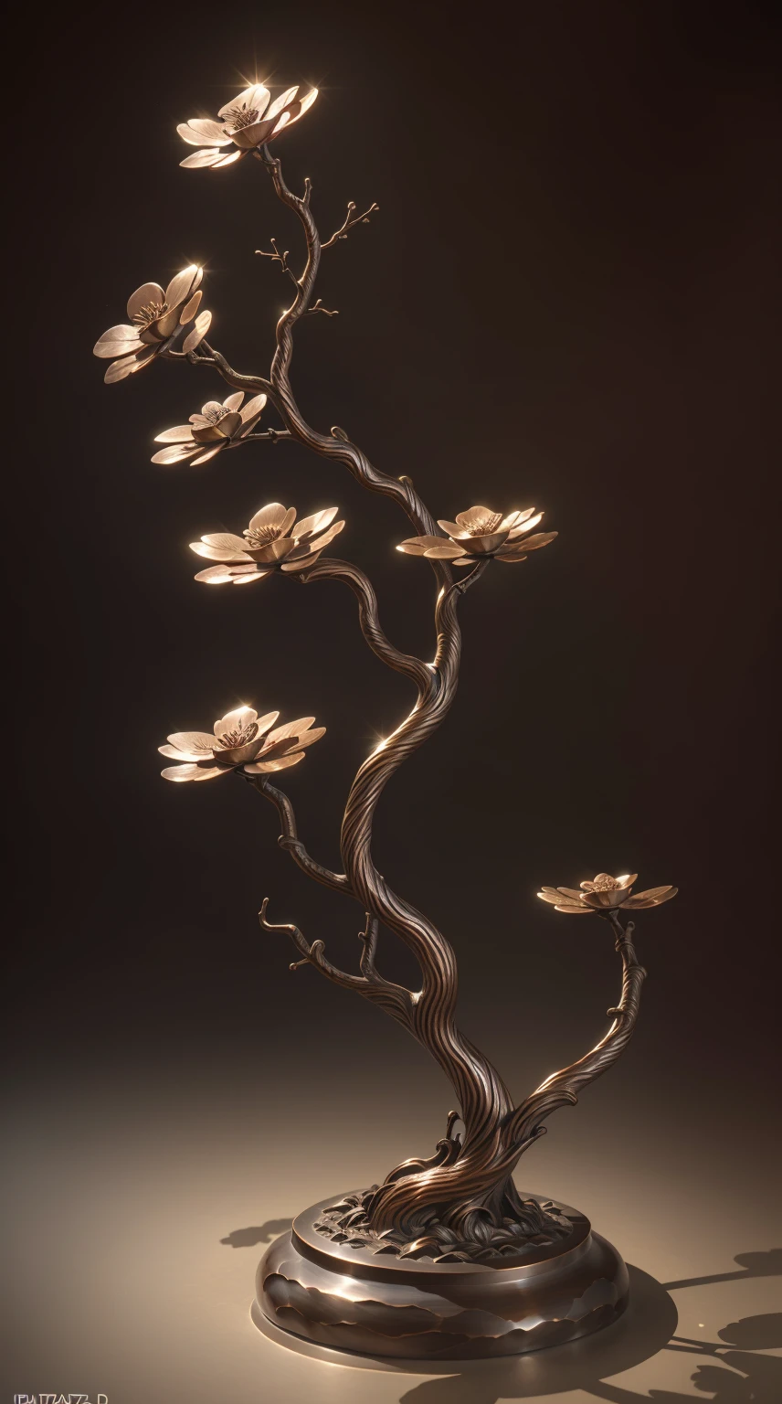 (masterpiece, best quality, ultra-detailed, 8k wallpaper, photorealistic), (a bronze sakura tree branch sculpture, made of bronze, bronze color, metal flower), decoration, conceptual, studio lighting