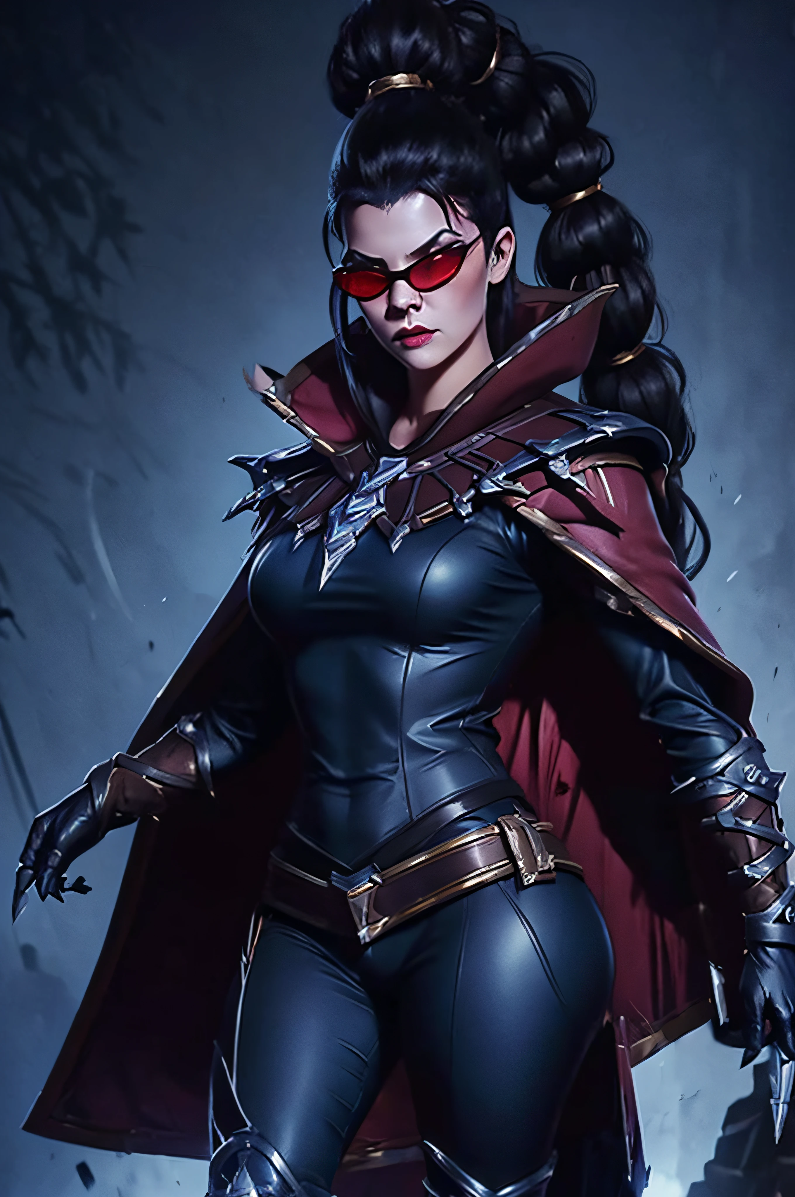 (masterpiece), best quality, expressive eyes, perfect face, vayne, 1girl, solo, long hair, black hair, gloves, ponytail, cape, sunglasses, ruin background, standing, full body portrait, looking at viewer, from frontal