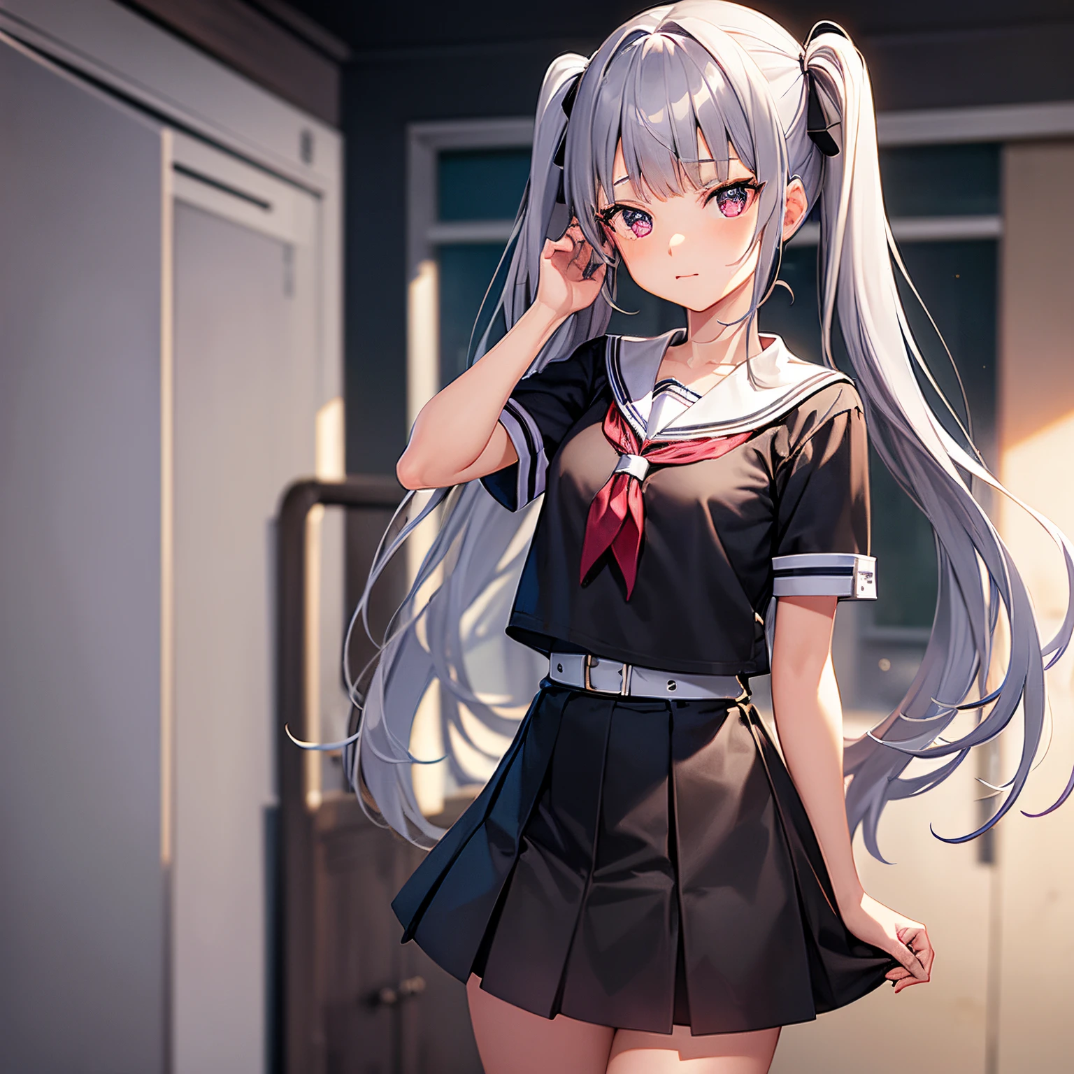 (masterpiece、top-quality)、student clothes、Black sailor suit、Gray hair、Blurred foreground,Gogeta,17 years old girl,Wearing modern clothes,Beautiful eyes and face,Cute hairstyle,Pink eyes,Twintail hair with bangs that cover the face, greyt hair,Childhood expressions,Confident poses,Bullish face,Tomboy,Bright background,school classrooms,Artistic portrait,digitial painting,ultra-detailliert,Haute,Physically-based rendering,Studio Lighting,foco nítido,Bokeh,Photorealista.