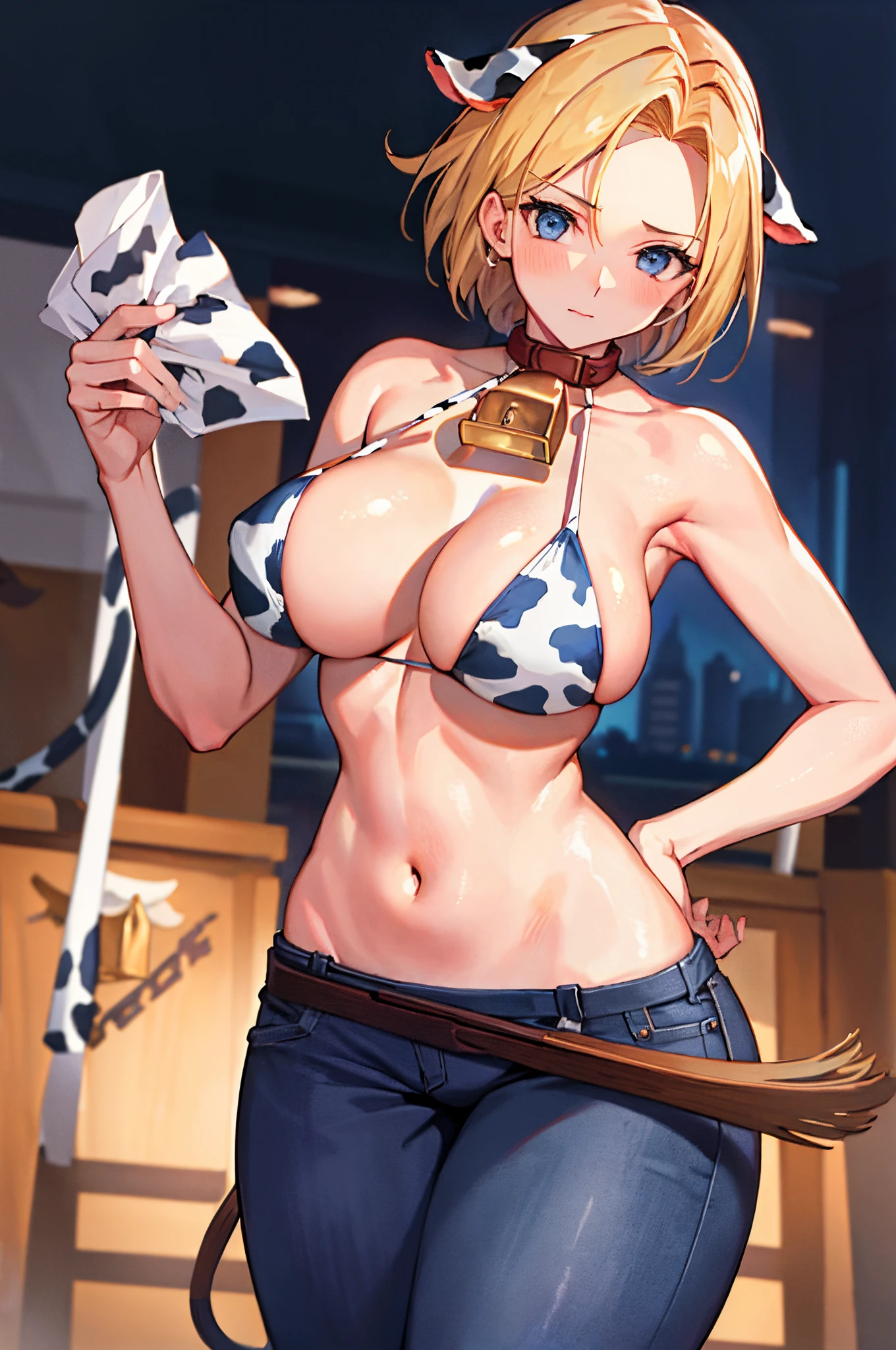 maryms, Best quality at best,(big breasts beautiful), 1个Giant Breast Girl,physically-based renderingt ,Ultra-high sharpness,(cow boy shot:1.5),Willow waist, Skinny, Leona MS ,musculous, Big blue eyes,legs long,denim pant,thongs,mediuml breasts,Puffy eyes, thongs,(rainy city), Glossy glossy skin, facing to audience, winning posture,