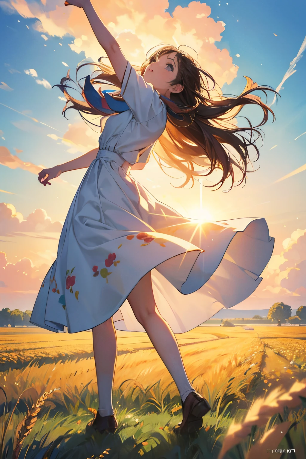 Fresh painting style,Full Body Angle:1.5,In the wheat field,girl with,Keep hands away from sunlight,Bright sky,Looking Up,Anime characters,ultra - detailed,Highly realistic,tmasterpiece,8K,hyper HD,
