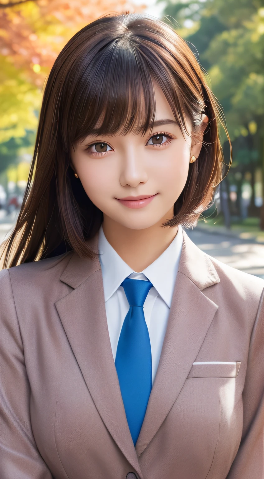 masutepiece,Best Quality,Ultra-detailed,finely detail,hight resolution,in 8K,((Photorealsitic:1.4,Raw photography,超A high resolution,Top image quality:1.4)),masutepiece、Best Quality、 ultra-detailliert、hight resolution、8K Wallpapers、Perfect dynamic composition,、Beautiful detailed eyes、(Beautiful breasts:1.1) 、Blue Blazer、student clothes、white shirt、red necktie、1girl in、a beauty girl、High school students、Brown-haired head hair、short-cut、Hide the left eye with bangs、ssmile、Tree-lined avenue of autumn leaves