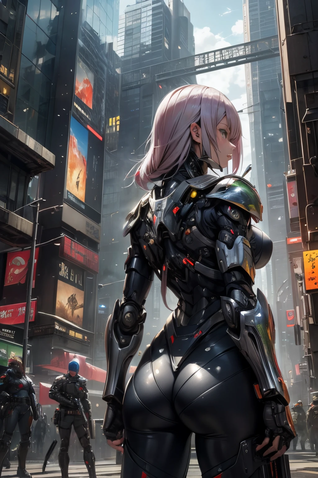 masutepiece、超A high resolution、Powerful images、8K、A super futuristic city on a grand scale、Future landscape in 2530、、Cyborg female warrior and frog mutant male、wearing metal armor、fight the enemy with a gun、Surrounded by enemies back to back、Desperate、A feeling of tension、