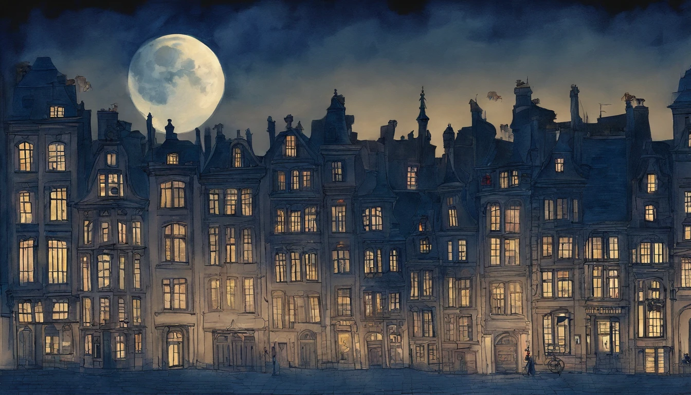 Moonlight illuminates the street corner of 2a.M. of brussels、A dark shadow appears over the city Pale watercolor style fantastic big full moon Except for the faint light of the streetlights、No light Picture book illustrations The overall color is dark blue. Fantastic atmosphere