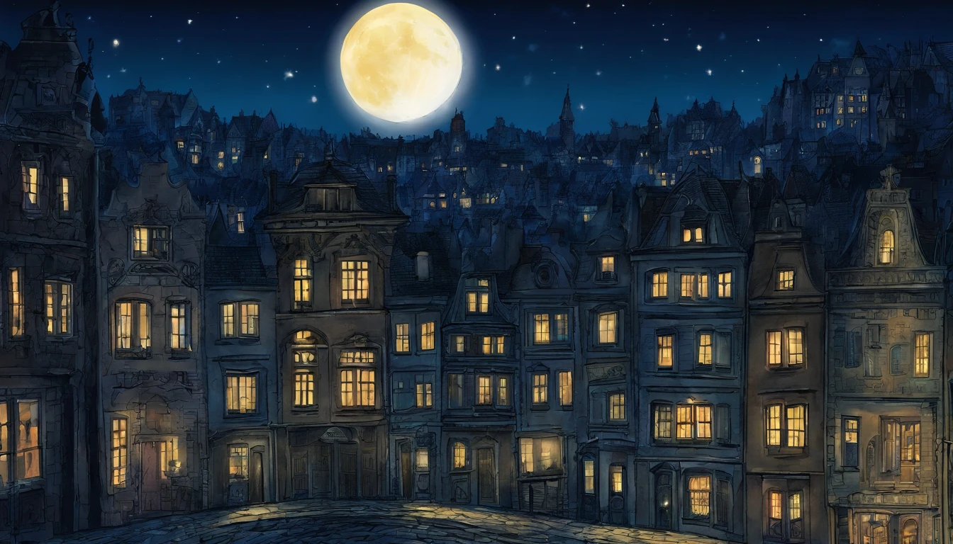 Moonlight illuminates the street corner of 2a.M. of brussels、A dark shadow appears over the city Pale watercolor style fantastic big full moon Except for the faint light of the streetlights、No light Picture book illustrations The overall color is dark blue. Fantastic atmosphere