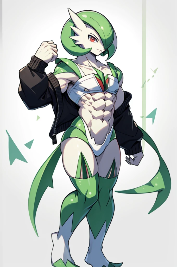 masterpiece, best quality, full body, Solo, male focus, (masculine), furry, pectorals, pectoral cleavage, muscular, sidepec, (wide hips), huge ass, ((Gardevoir)), ((pokemon)), (off-shoulder suit), (sweater crop top), (thigh high lingerie)