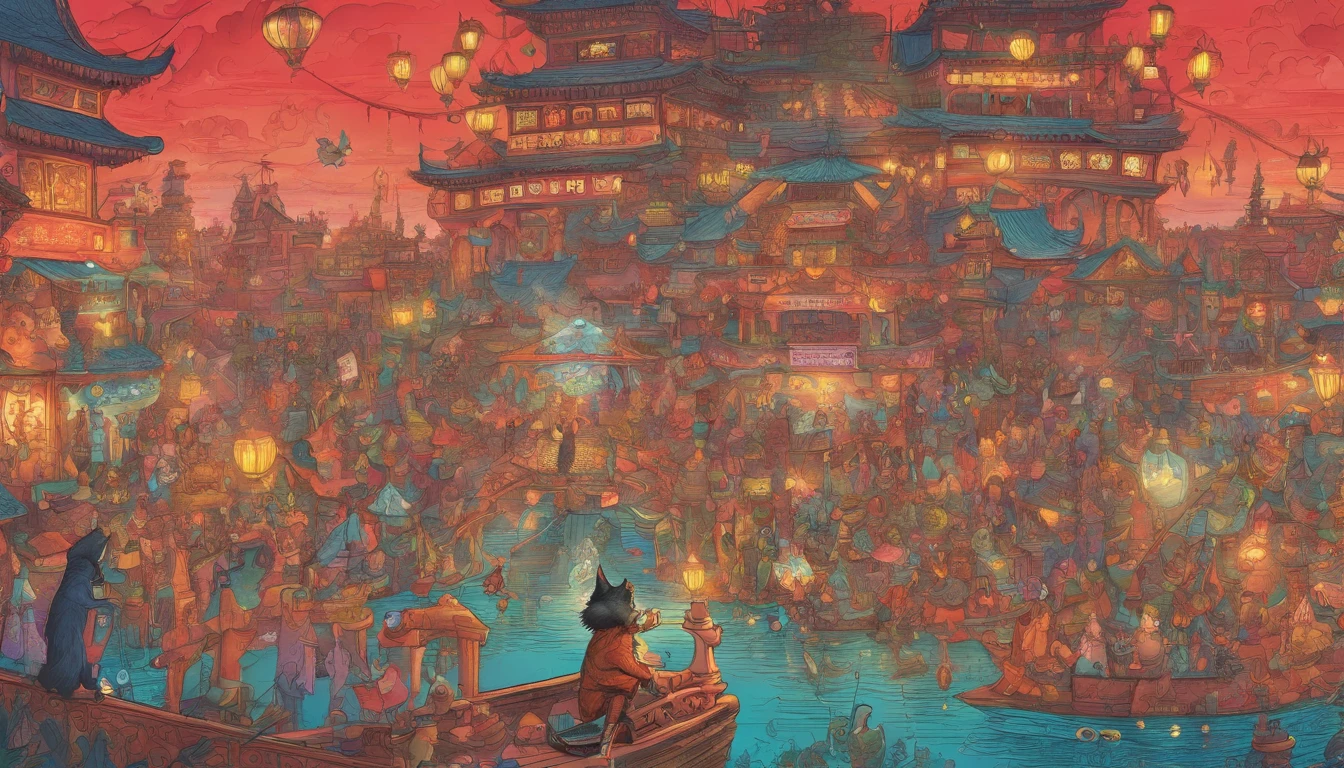 Picture book illustrations At a venue with bright neon lights like Chinatown, 50 cats stand on two legs and dance.、Drinking beer、uproar The cat's face is clear