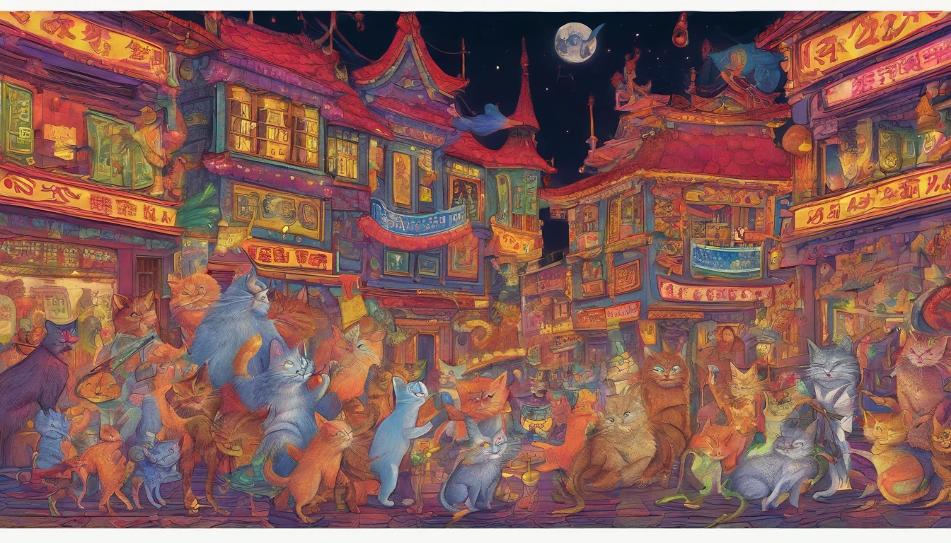 Picture book illustrations　　At a venue with bright neon lights like Chinatown, 50 cats stand on two legs and dance.、Drinking beer、uproar　The cat's face is clear