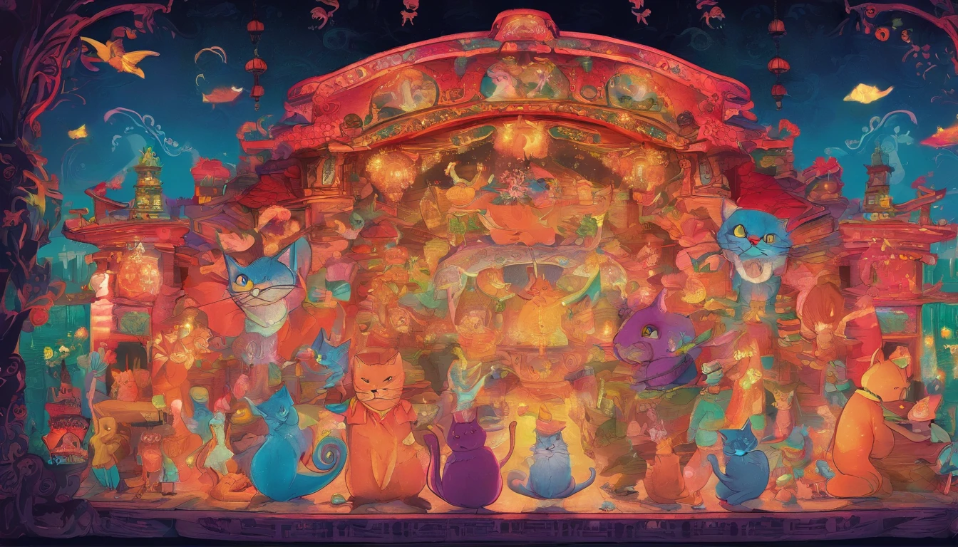 Picture book illustrations At a venue with bright neon lights like Chinatown, 50 cats stand on two legs and dance.、Drinking beer、uproar The cat's face is clear
