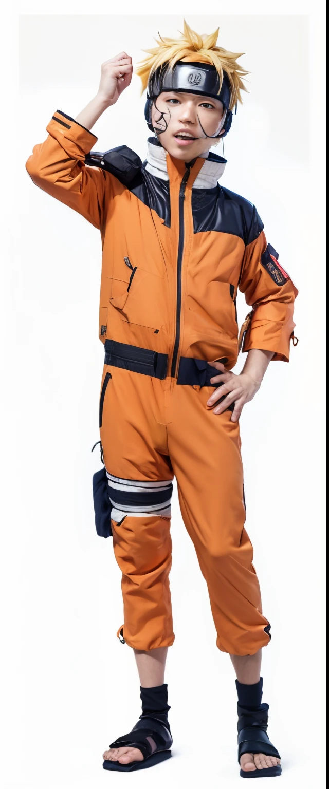 a man in a costume of the character naruto, samurai flight suit, advanced technology flight suit, technology flight suit, energetic varia suit, naruto uzumaki, tai costume, technical suit, flight suit, focus on anti-g flight suit, in flight suit, wearing human air force jumpsuit, high quality costume, full body with costume