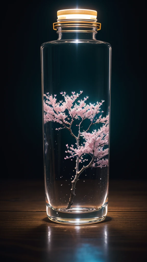 Cherry tree in a bottle, Fluffy, actual, Refraction of atmospheric light, photographers: by Lee Jeffries, Nikon d850 film stock photo 4 kodak portra 400 camera f1.6 shots, Saturated color, Ultra-realistic textures, dramatic lights, Unreal Engine trends on artstation cinestill 800, Style-Glass
