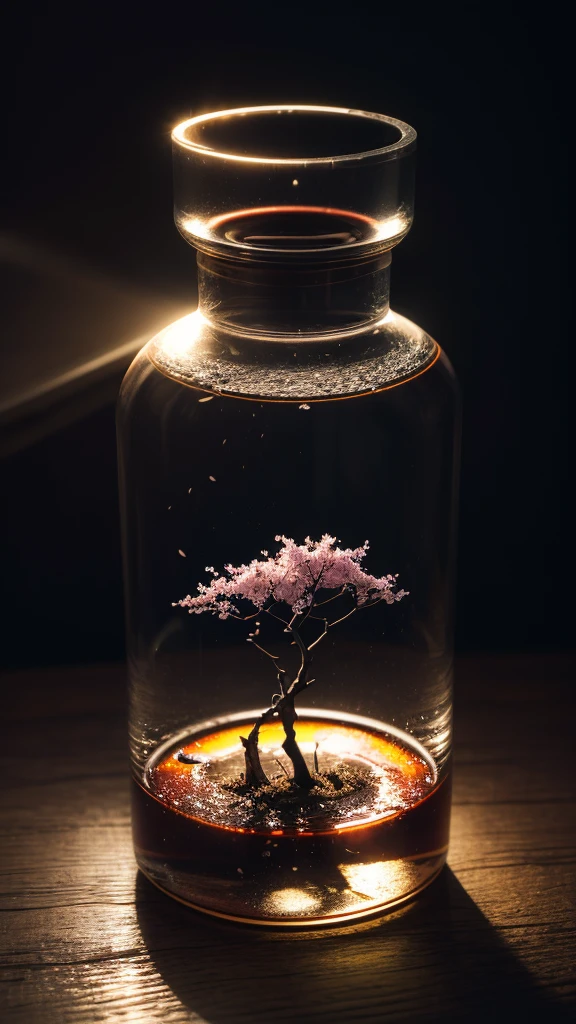 Cherry tree in a bottle, Fluffy, actual, Refraction of atmospheric light, photographers: by Lee Jeffries, Nikon d850 film stock photo 4 kodak portra 400 camera f1.6 shots, Saturated color, Ultra-realistic textures, dramatic lights, Unreal Engine trends on artstation cinestill 800, Style-Glass