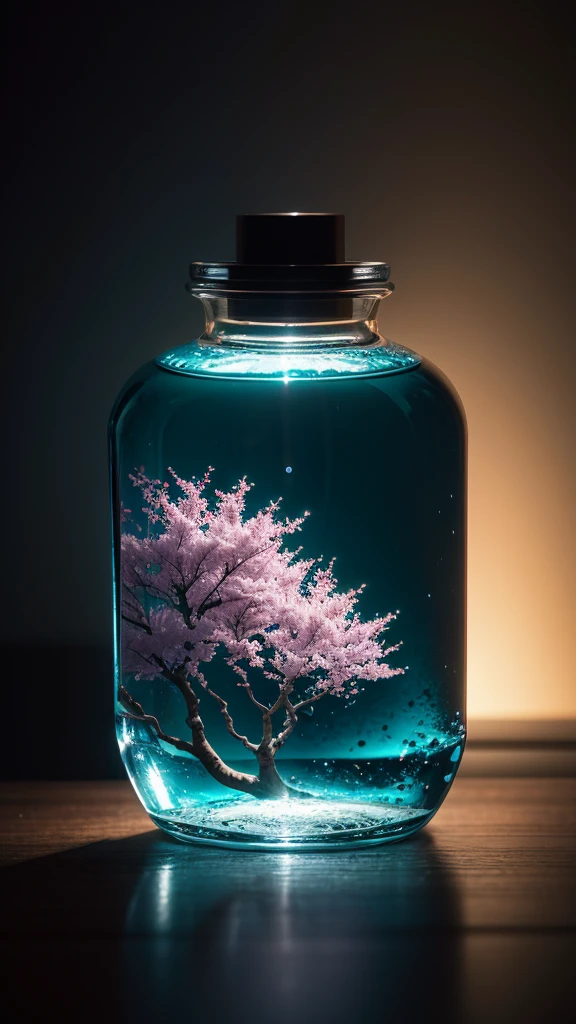 Cherry tree in a bottle, Fluffy, actual, Refraction of atmospheric light, photographers: by Lee Jeffries, Nikon d850 film stock photo 4 kodak portra 400 camera f1.6 shots, Saturated color, Ultra-realistic textures, dramatic lights, Unreal Engine trends on artstation cinestill 800, Style-Glass