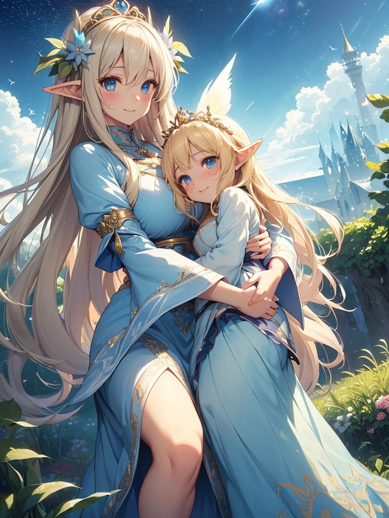 top-quality、Top image quality、masterpiece、girl with((20yr old、Best Bust、big bast、Bust 90,Beautiful blue eyes、,Blonde long hair、A slender、Fairy feathers、flying though the air、a closeup、Esbian、Floating in the light、beautiful tiara、hiquality、Beautiful Art、Background with((starrysky)))masutepiece、visualart、depth of fields、sky at night、Mother and child、 Holding a child、low angles、、Elven ears、Feathers glow in iridescent colors、light magic、kosmos、mid night、harp melody🎵、Fun Concerts、Happy smile、Gentle light、Emitting a magical light、Dancing hard、Beautiful skins、beutiful breast、beautiful foot、welcome、、accurate fingers、Exact finger count、Beautiful flower garden.nffsw long skirt