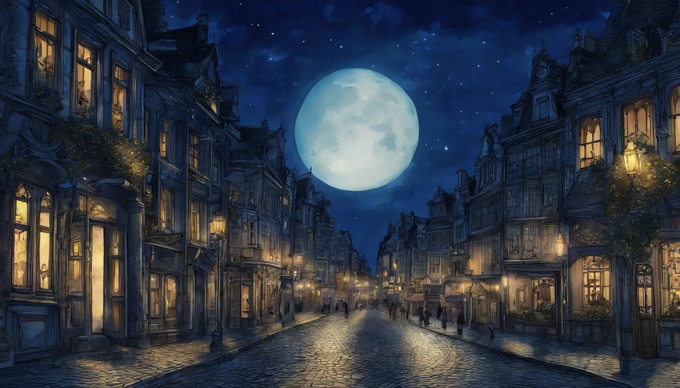 Moonlight illuminates the street corner of 2a.M. of brussels、A black shadow appears in the city Pale watercolor style fantastic big full moon Except for the faint light of the streetlights、No light Picture book illustrations The overall color is dark blue. Fantastic atmosphere