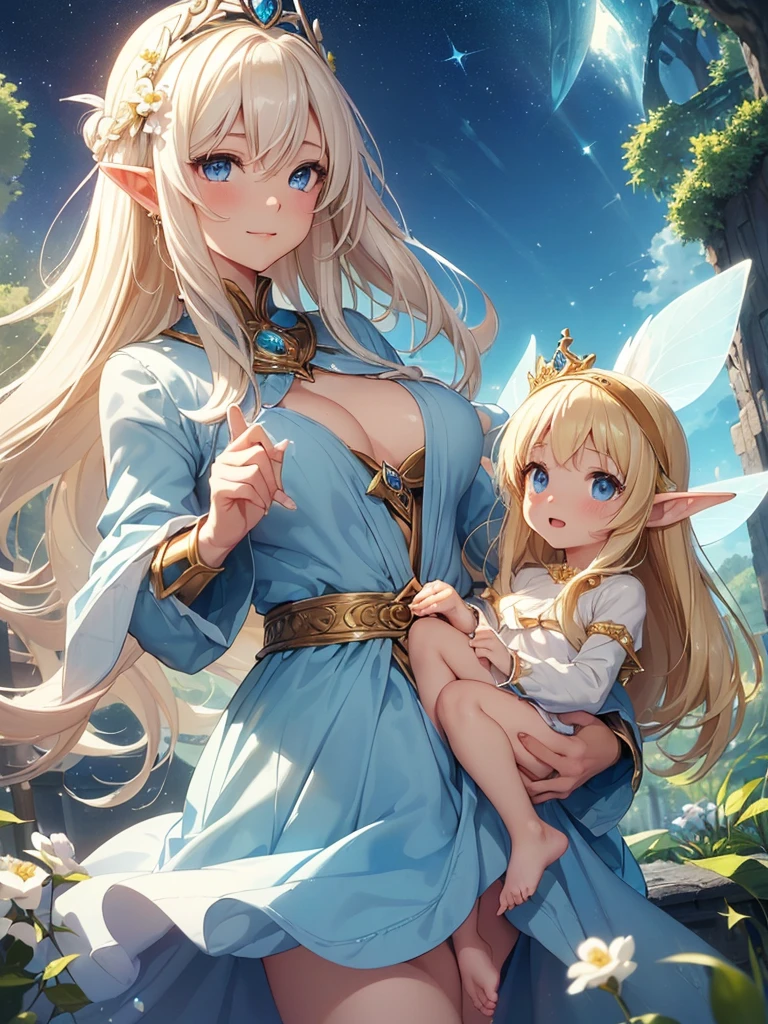 top-quality、Top image quality、masterpiece、girl with((20yr old、Best Bust、big bast、Bust 90,Beautiful blue eyes、,Blonde long hair、A slender、Fairy feathers、flying though the air、a closeup、Esbian、Floating in the light、beautiful tiara、hiquality、Beautiful Art、Background with((starrysky)))masutepiece、visualart、depth of fields、sky at night、Mother and 、 Holding a childangles、、Elven ears、Feathers glow in iridescent colors、light magic、kosmos、mid night、harp melody🎵、Fun Concerts、Happy smile、Gentle light、Emitting a magical light、Dancing hard、Beautiful skins、beutiful breast、beautiful foot、welcome、、accurate fingers、Exact finger count、Beautiful flower garden.nffsw