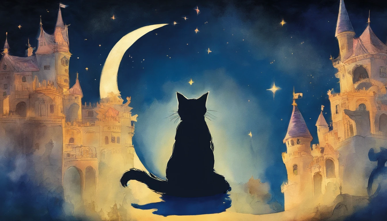 Silhouette 3 Cat concert with a huge full moon on the roof　Fantastic atmosphere　Picture book illustrations　watercolor paiting　Overall, The color is dark blue