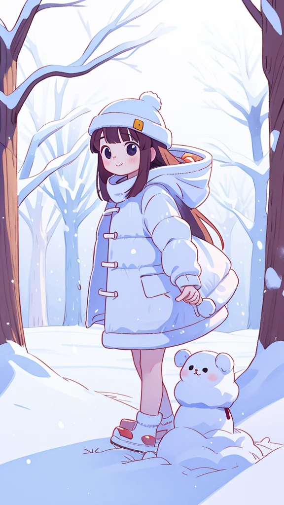 girl, long whitr hair, with a round face, largeeyes, down jacket, ssmile, 围巾, Winters, parks, yukito, White snow, The tree, snow cover, in a panoramic view, frontage