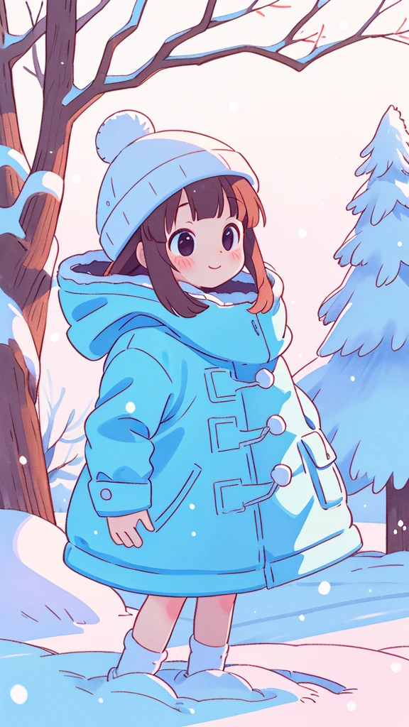 girl, long whitr hair, with a round face, largeeyes, down jacket, ssmile, 围巾, Winters, parks, yukito, White snow, The tree, snow cover, in a panoramic view, frontage