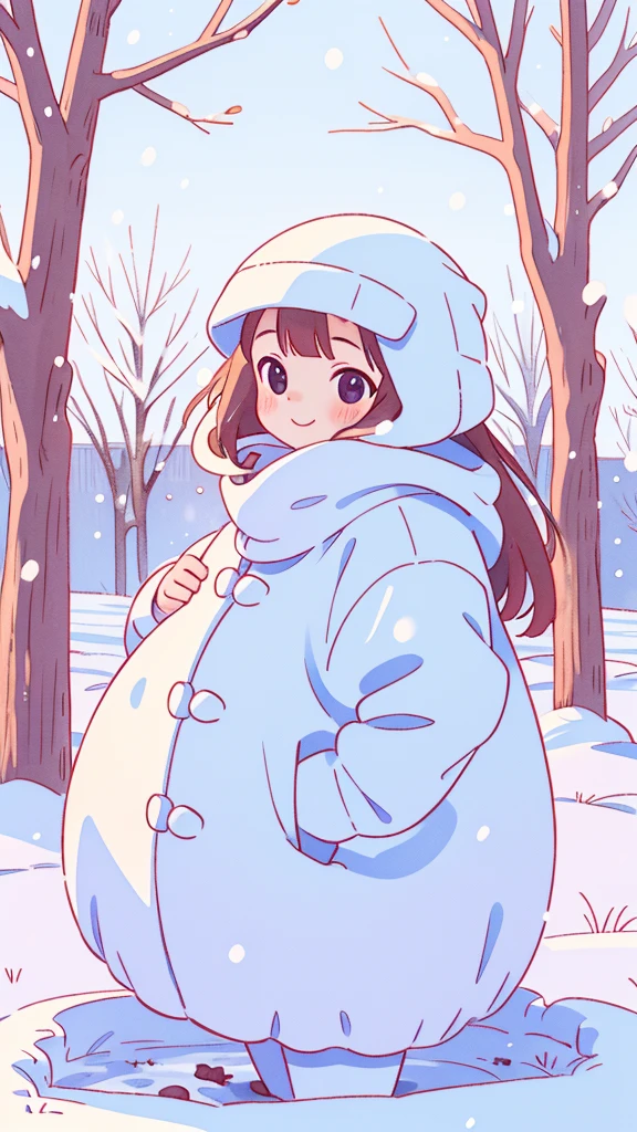 girl, long whitr hair, with a round face, largeeyes, down jacket, ssmile, 围巾, Winters, parks, yukito, White snow, The tree, snow cover, in a panoramic view, frontage