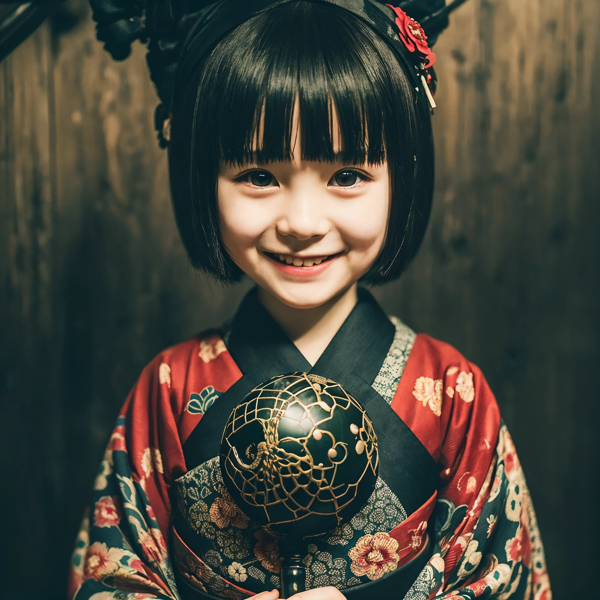 (Best Quality,Ultra-detailed,macabre smile,creepy atmosphera),1girl in,Short Bob Haircuts,Cute kimono,has a temari in hand,Around 5 ,Like a character in a nursery rhyme,Hakata-ori ball,Super precise ball,dark backgrounds,Hyper-detailing,the balls are colorful,