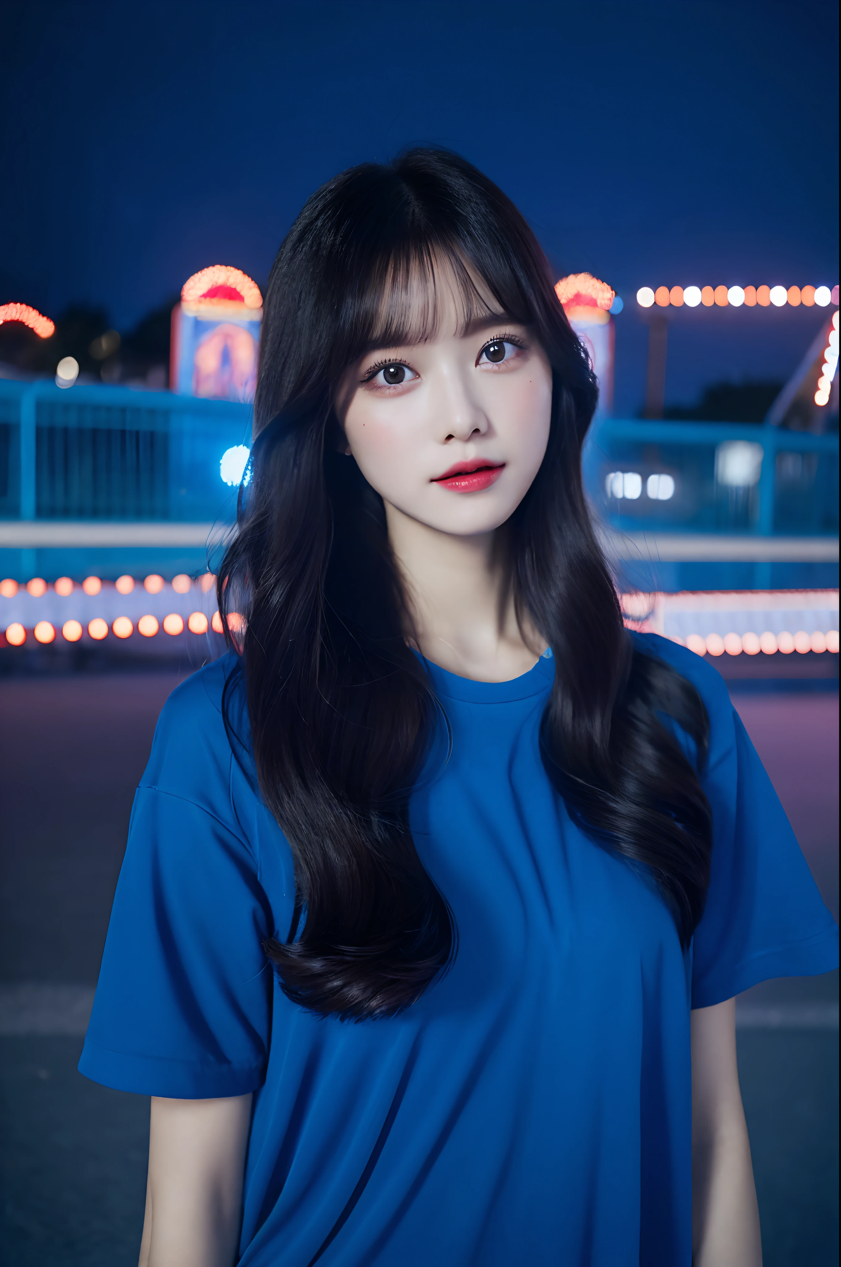 1girl in, Super beautiful girl, Dream Girl, Wearing blue, ulzzangs, Dancing, Concert in amusement park in the background, Lightning in the sky, Ultra Details, A hyper-realistic, Cinematic , Octane Render, 16 K,A dark-haired