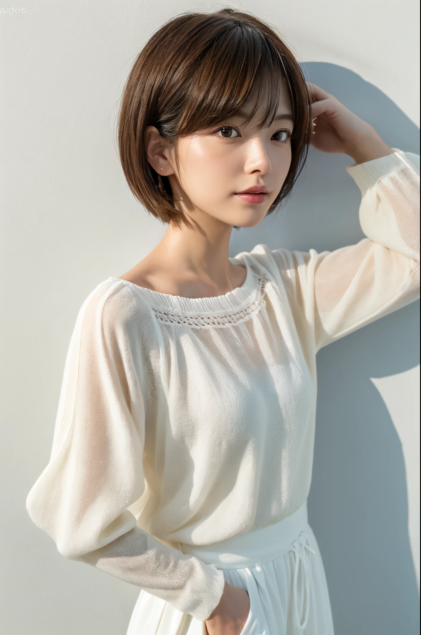 (Highly realistic photos, High resolution, detailed face, fine eyes), ((Taken in front of a white wall))、japanese woman, 40 years old, Variety of facial expressions, alone:1, slim figure, different hairstyles, casual clothes, Only one person appears in the photo、long sleeve dress、Shot in natural light、simple necklace、Spring clothes、Don't look at the camera、profile、Dark brown hair color、bob hair