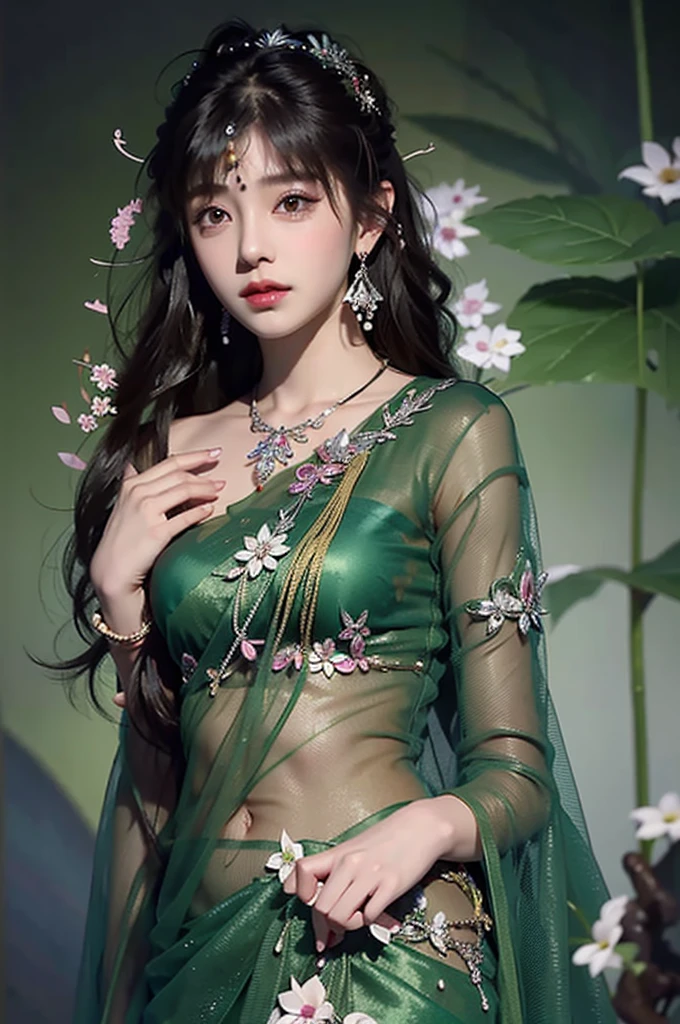 Close-up shot of woman in green saree, beautiful asian girl,, anime thai girl,