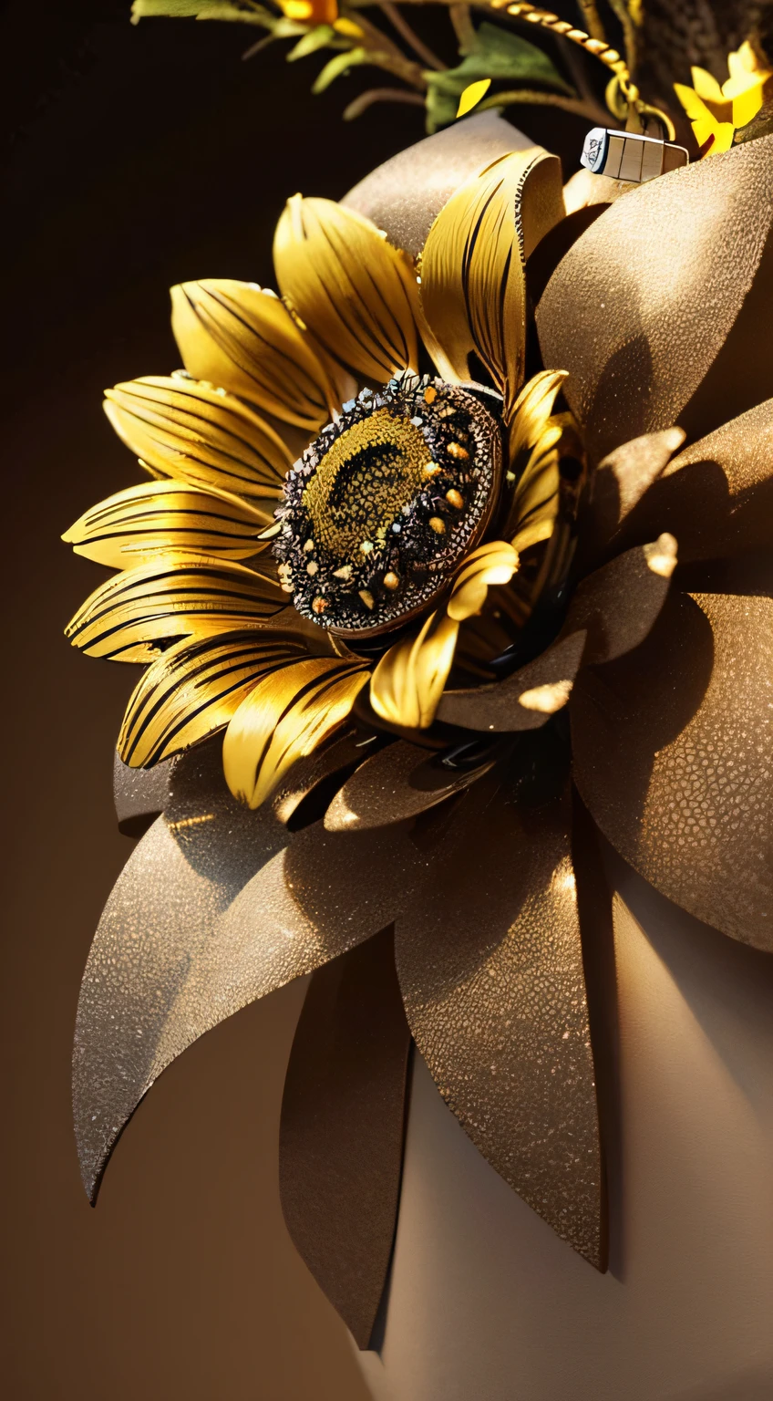 Metal Flowers, (Metal flower ornament,:1.5), (metal sunflower:1.2), close up, (Masterpiece), (Best Quality), (Ultra high Detailes)
