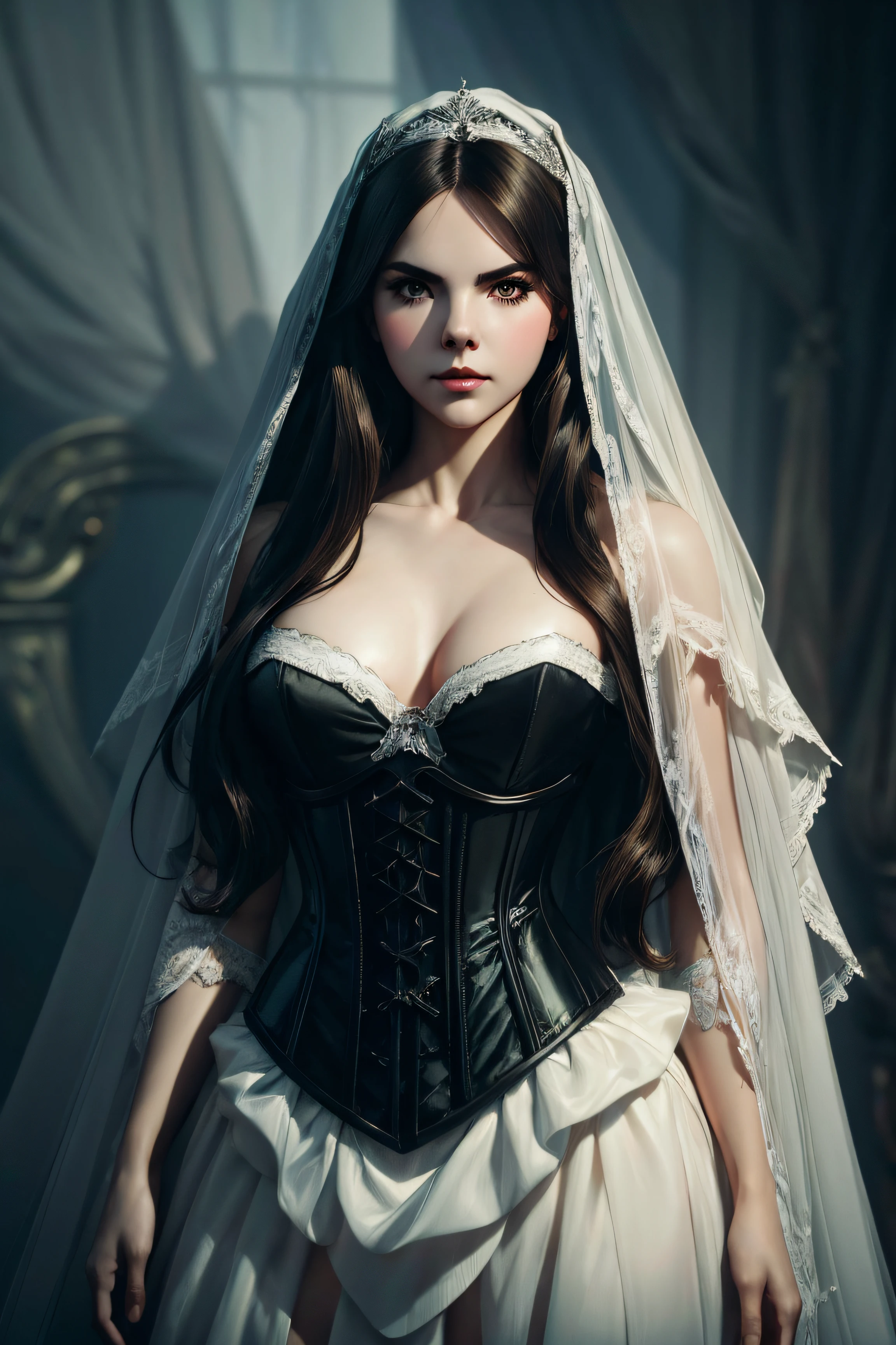 Bailee Madison, veil bride corset clothes, character portrait, 3 9 9 0 s, long hair, intricate, elegant, highly detailed, digital painting, artstation, concept art, smooth, sharp focus, illustration, art by wlop, charlie bowater and alexandra fomina, no water marks