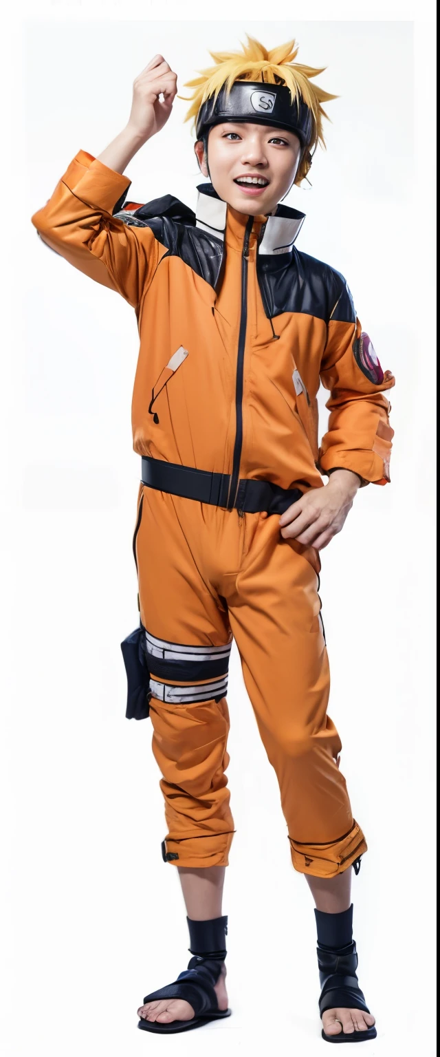 a man in a costume of the character naruto, samurai flight suit, advanced technology flight suit, technology flight suit, energetic varia suit, naruto uzumaki, tai costume, technical suit, flight suit, focus on anti-g flight suit, in flight suit, wearing human air force jumpsuit, high quality costume, full body with costume