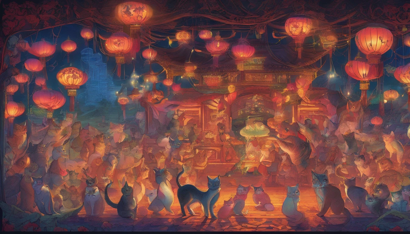 Picture book illustrations　　At a neon-lit venue that resembles Chinatown, 50 cats standing on two legs、dance.、Drinking beer、uproar　catss&#39;the face is clear