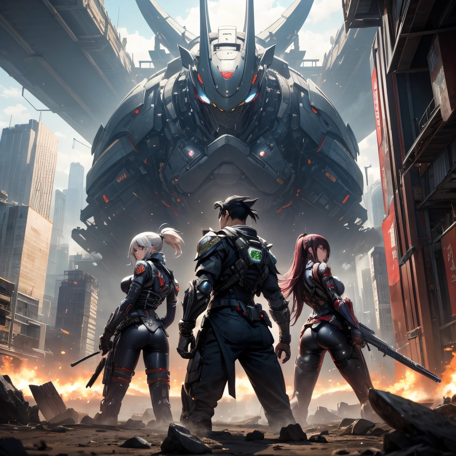 masutepiece、超A high resolution、Powerful images、8K、2 men and women、A super futuristic city on a grand scale、Future landscape in 2530、、cyborg female warrior、frog mutant male、Wearing metal armor、fight enemies with guns、The two are surrounded by enemies back to back.、Desperate、Nervousness、