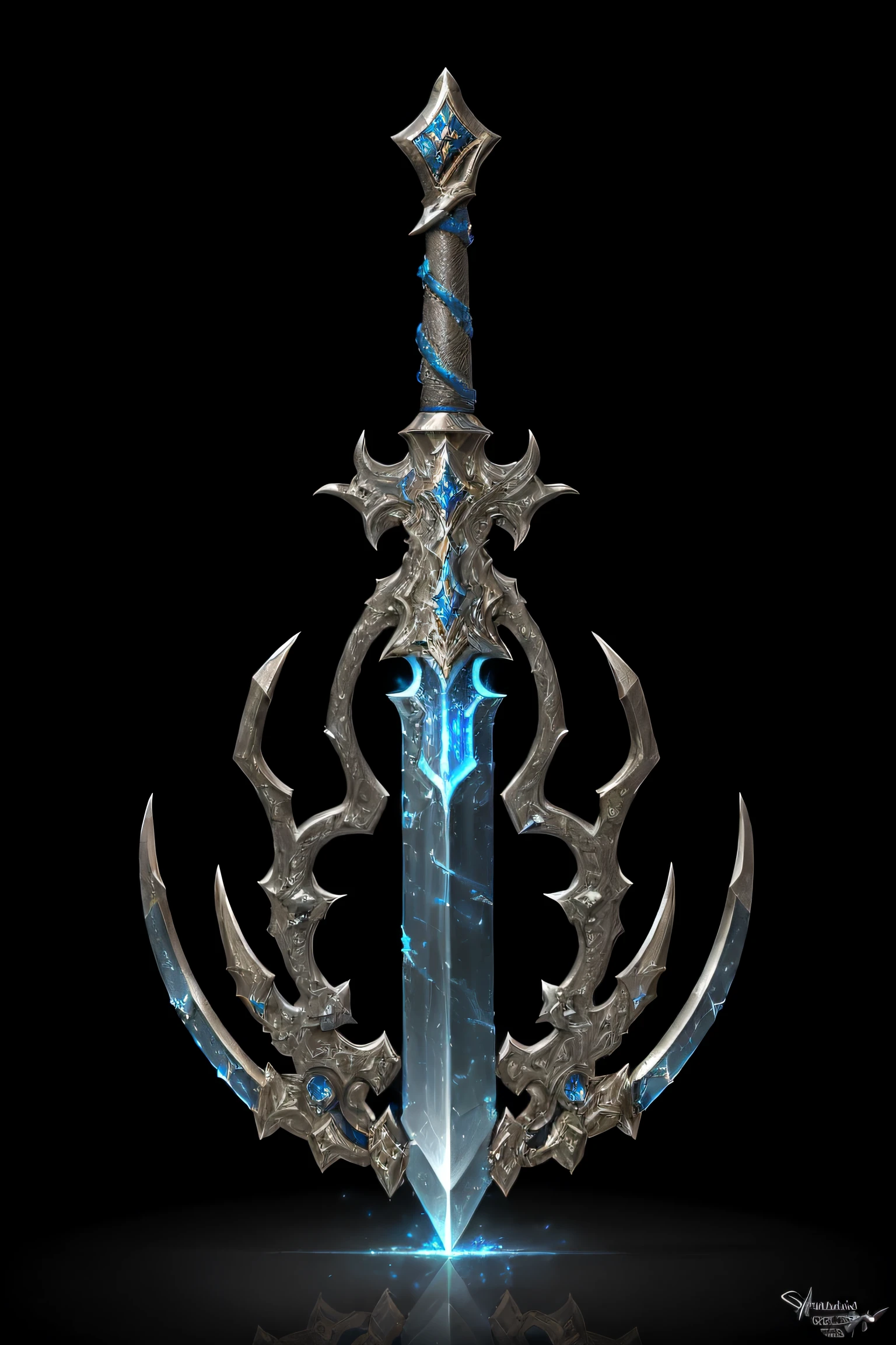 (best quality,4k,8k,highres,masterpiece:1.2),ultra-detailed,realistic,mastersword,legendary weapon,precise craftsmanship,detailed hilt,sharp blade,properly proportioned,beautifully textured,mythical sword,iconic symbol,hero's weapon,forged by the gods,sword of destiny,enchanted blade,glowing blue aura,legendary battles,ultimate power weapon,destined to defeat evil,classic video game weapon,sword of the chosen one,masterful design,intricate engravings,powerful artifact,epic hero's journey,impeccable quality craftsmanship,striking and elegant,centerpiece of the artwork,shimmering with divine energy,sharp enough to cut through anything,radiating strength and power,fit for a true hero,artistic homage to the game,signature weapon of the hero,pristine metalwork,exquisite attention to detail,colorful gems embedded in the hilt,legendary legacy,unbreakable and indestructible:focus on the blade's reflections and highlights,create an atmosphere of reverence and awe,showcase the iconic sword in a dynamic pose and perspective,bring out the mythical essence and power of the Mastersword.