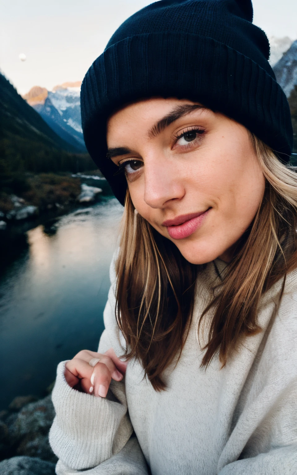photorealistic, best quality, hyper detailed, beautiful woman, selfie photo, upper body, solo, wearing pullover, outdoors, (night), mountains, real life nature, stars, moon, (cheerful, happy), sleeping bag, gloves, sweater, beanie, flashlight, forest, rocks, river, wood, smoke, fog, clear sky, analog style, looking at viewer, skin texture, film grain, close up, ultra high res, best shadow, RAW, instagram LUT