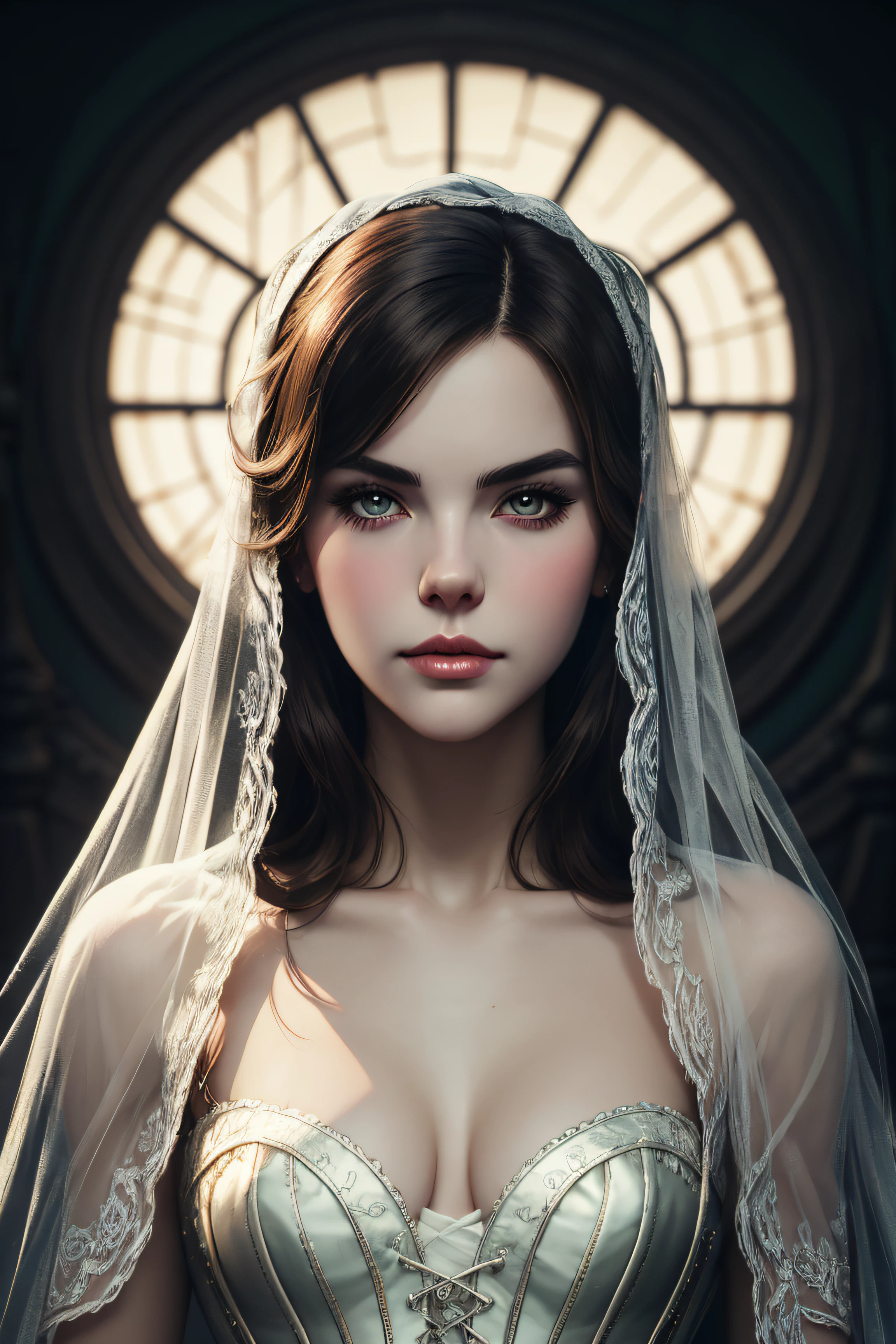 Bailee Madison, veil bride corset clothes, character portrait, 3 9 9 0 s, long hair, intricate, elegant, highly detailed, digital painting, artstation, concept art, smooth, sharp focus, illustration, art by wlop, charlie bowater and alexandra fomina, no water marks