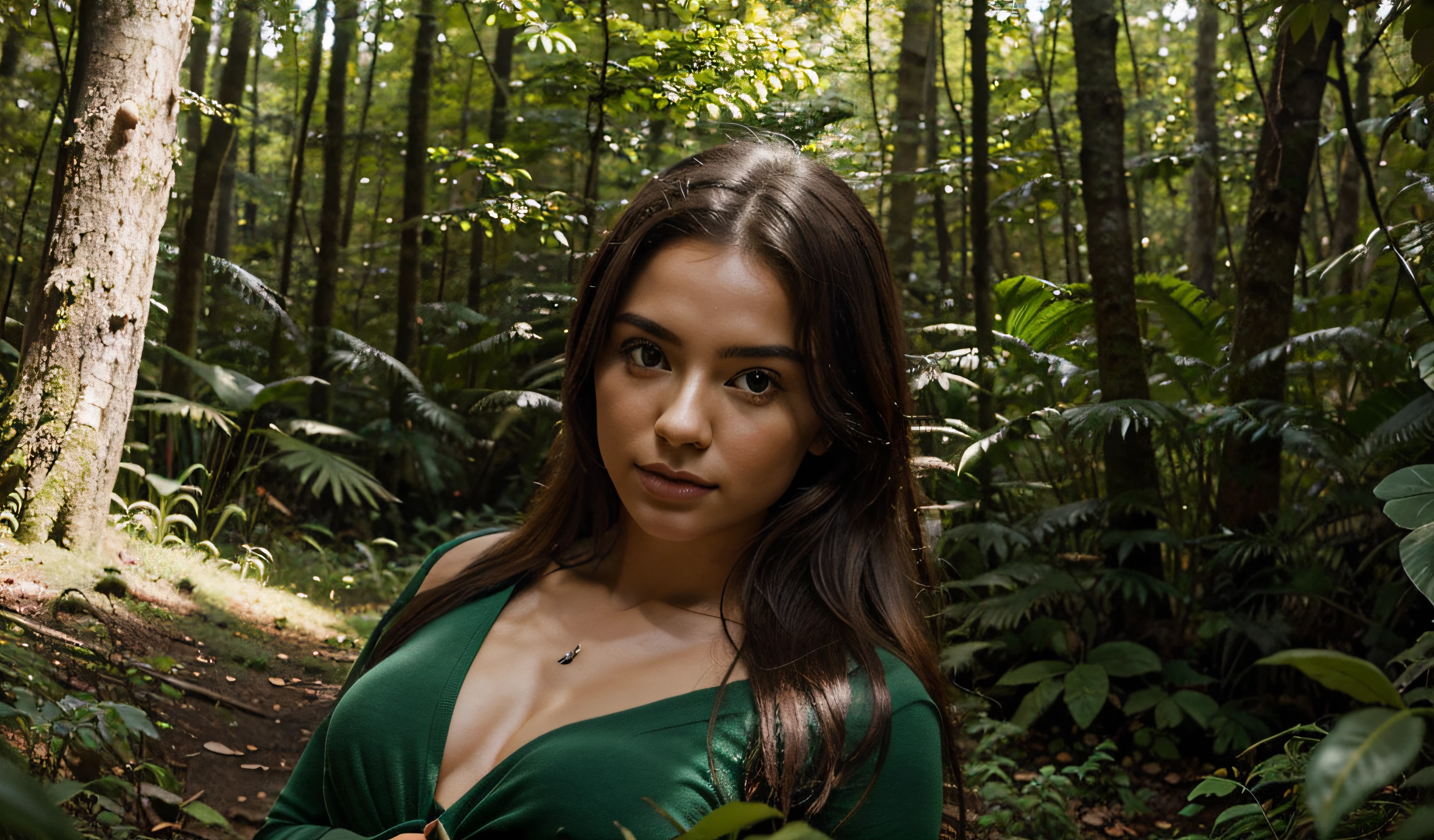 a beautiful Brazilian woman with indigenous Brazilian physical characteristics, at the forest,  with your man baby