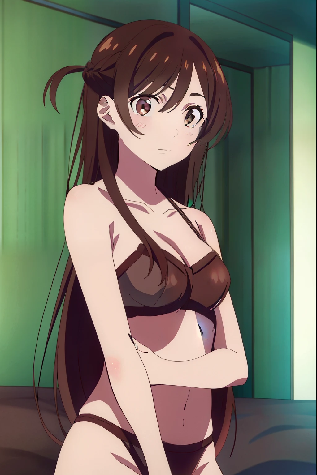 1 girl, alone, Mizuhara Chizuru, (brown eyes: 1.5), brown hair, long hair, (one side up: 1.5), BREAK lingerie, REST indoors, in bed, REST looking at the viewer, BRAKE (Masterpiece: 1.2), Best Quality, High Resolution, Unity 8K Wallpaper, (artwork: 0.8), (Beautiful Detailed Eyes: 1.6), Extremely Detailed Face, Perfect Lighting, Extremely Detailed CG, (Perfect Hands , Perfect Anatomy),