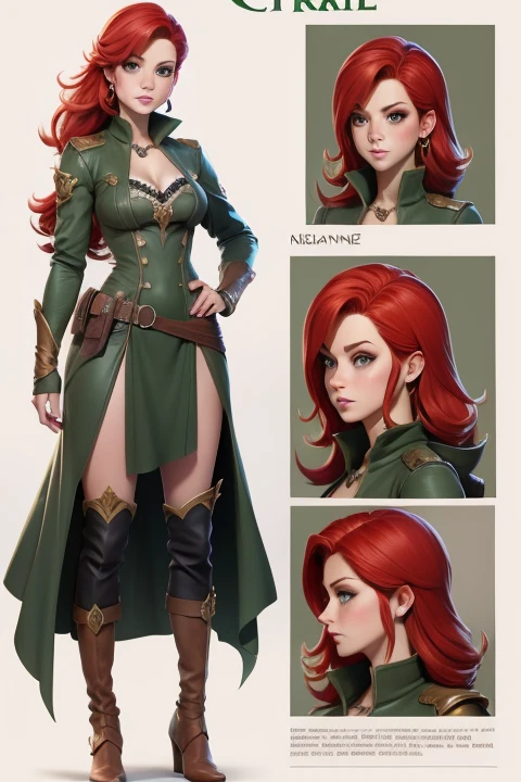 Female original character reference sheet adoptable, redhead, green eyes,