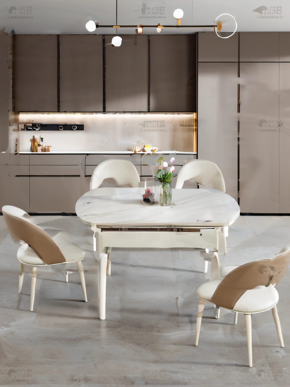 Cream-style long dining table with slate table top and chairs upholstered in contrasting colors