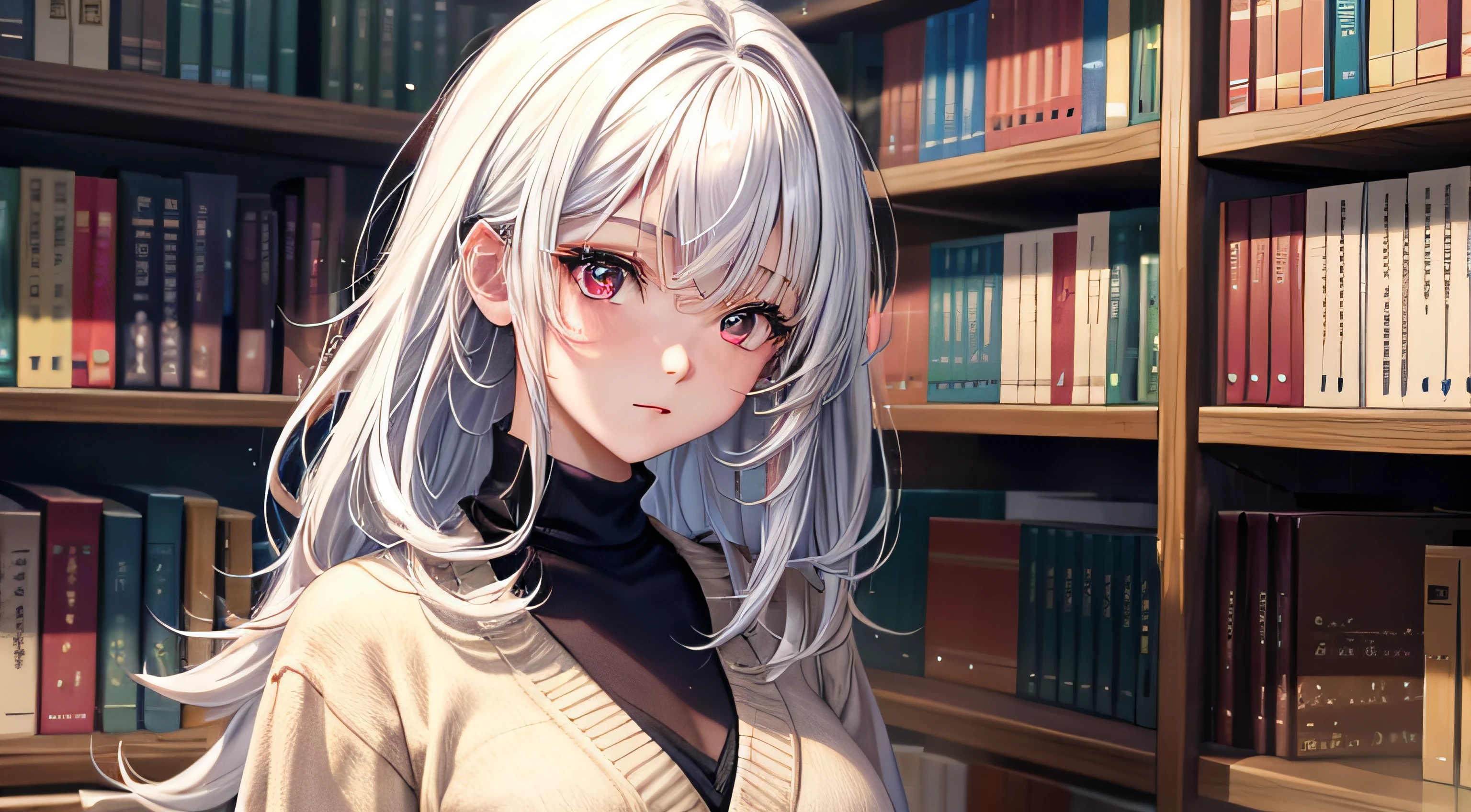 at library,a beauty girl,18year old,wear sweater ,Japanese high school students,1 girl,anime,student clothes,white hair,red eyes,eyes gentle,hightquality,4k,bob hair,messy hair,flipped hair,asymmetrical hair,bookshelf,
