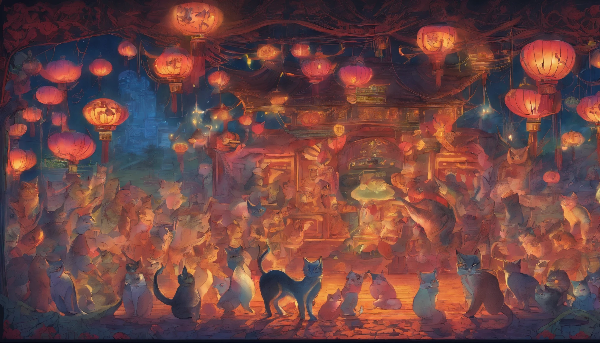 Picture book illustrations At a neon-lit venue that resembles Chinatown, 50 cats standing on two legs、dance.、Drinking beer、uproar catss'the face is clear