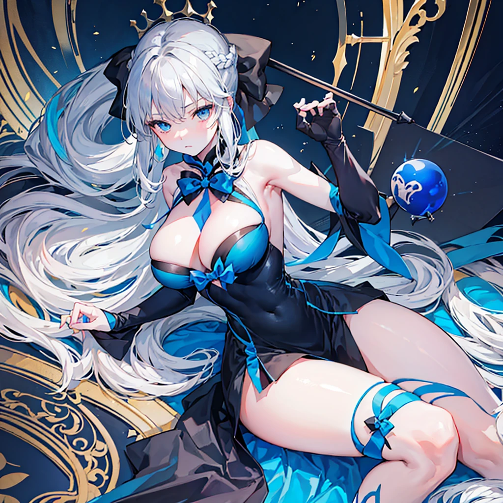 (Enrich the picture,Masterpiece level quality)Beautiful 8K CG artwork,morgan le fay (fate), blue eyes, Long Hair, pony tail,Very long hair, big boob, black bow, looking at viewer, gown, Hair Bow, thights, thights, black dress, Bangs, side locks, French braid, grey hair,Goddess-like posture,Kneeling exercise,Slim and soft,Translucent skin,big breasts,(((solo))),lying on your back,leg extension,m legs,Look at the viewer,expression to the top,on bed,