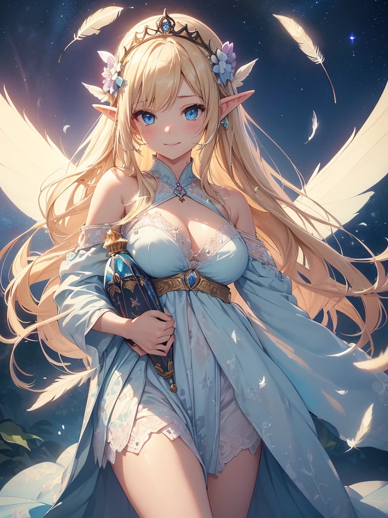 top-quality、Top image quality、masterpiece、girl with((20yr old、Best Bust、big bast、Bust 90,Beautiful blue eyes、,Blonde long hair、A slender、Fairy feathers、flying though the air、a closeup、Esbian、Floating in the light、beautiful tiara、hiquality、Beautiful Art、Background with((starrysky)))masutepiece、visualart、depth of fields、sky at night、Mother and child、 Holding a child、low angles、、Elven ears、Feathers glow in iridescent colors、light magic、kosmos、mid night、harp melody🎵、Fun Concerts、Happy smile、Gentle light、Emitting a magical light、Dancing hard、Beautiful skins、beutiful breast、beautiful foot、welcome、、accurate fingers、Exact finger count、Beautiful flower garden.nffsw