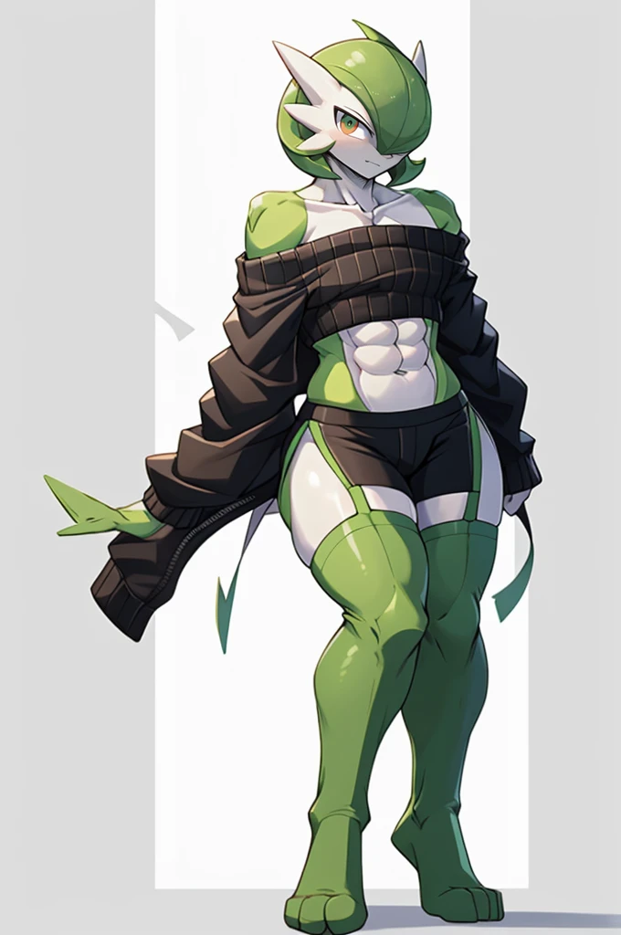 Muscular femboy Reptile-boy, toned, reptile tail, big black messy hair, extremely vibrant green eyes, muscular, HD, masterpiece, vibrant, black converse shoes, slim bright white hoodie, full body view, smiling with sharp teeth, black thigh socks, combat boots, green neon futuristic katars in hand, katars pointing sidways at the ground