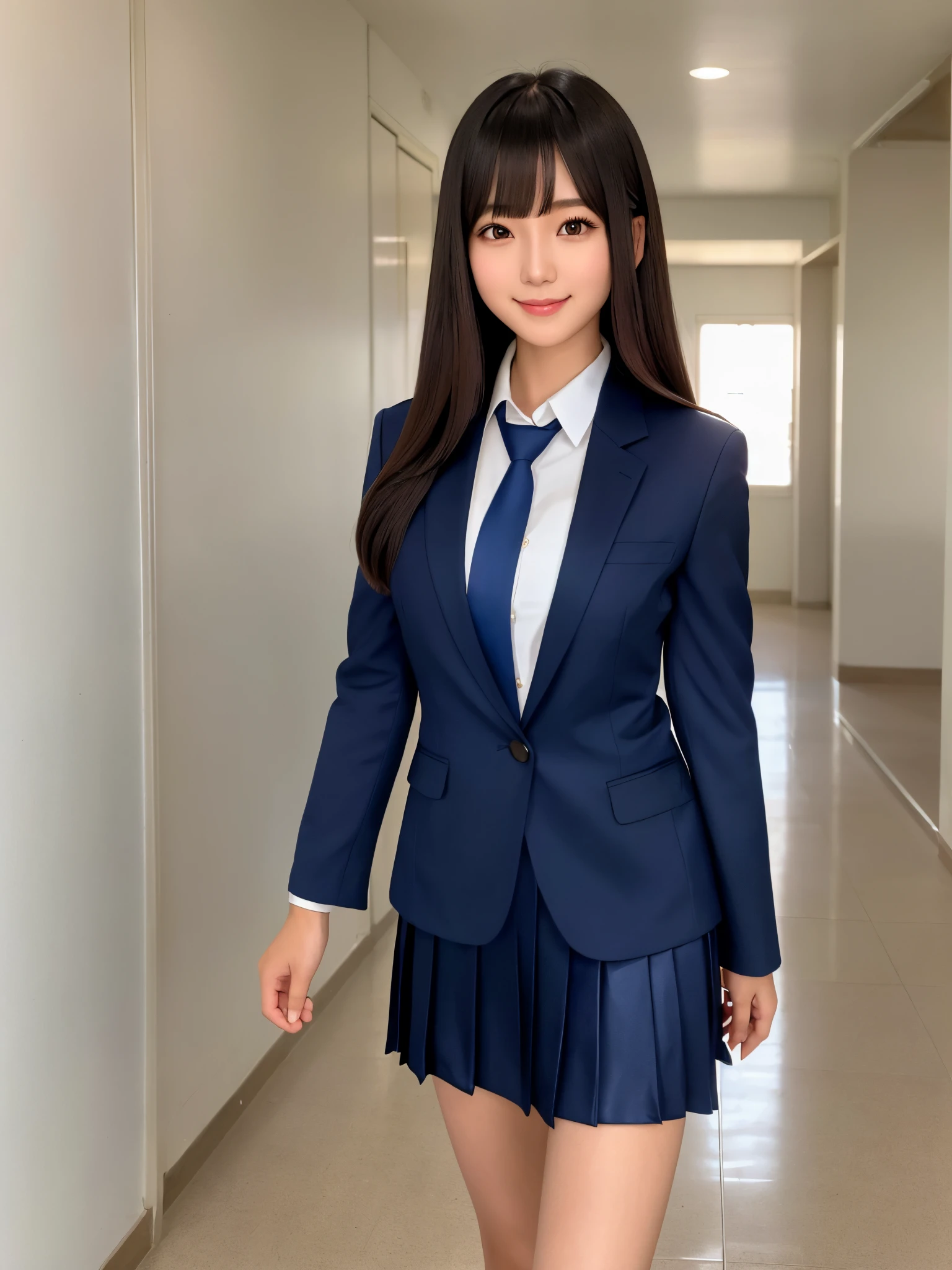 masterpiece, best quality, ultra-detailed, 1girl, aris, white jacket, white shirt, blue necktie, pleated skirt, halo, indoors, smile