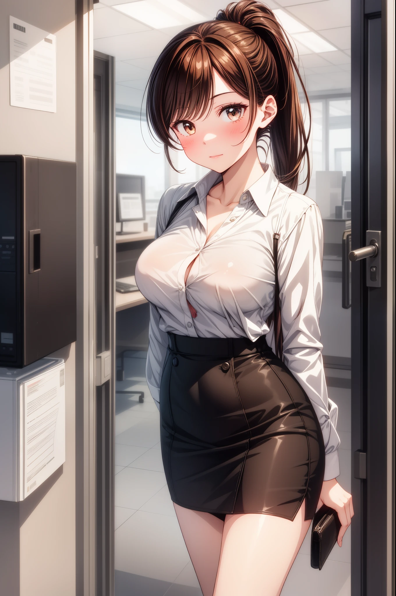 masterpiece, 1girl, best quality, chizuru mizuhara, waist-length chestnut-brown hair, a small ponytail hanging on the back, large breasts, brown eyes, full body, office lady, white shirt, pencil skirt, office, standing, arms behind back, looking at viewer