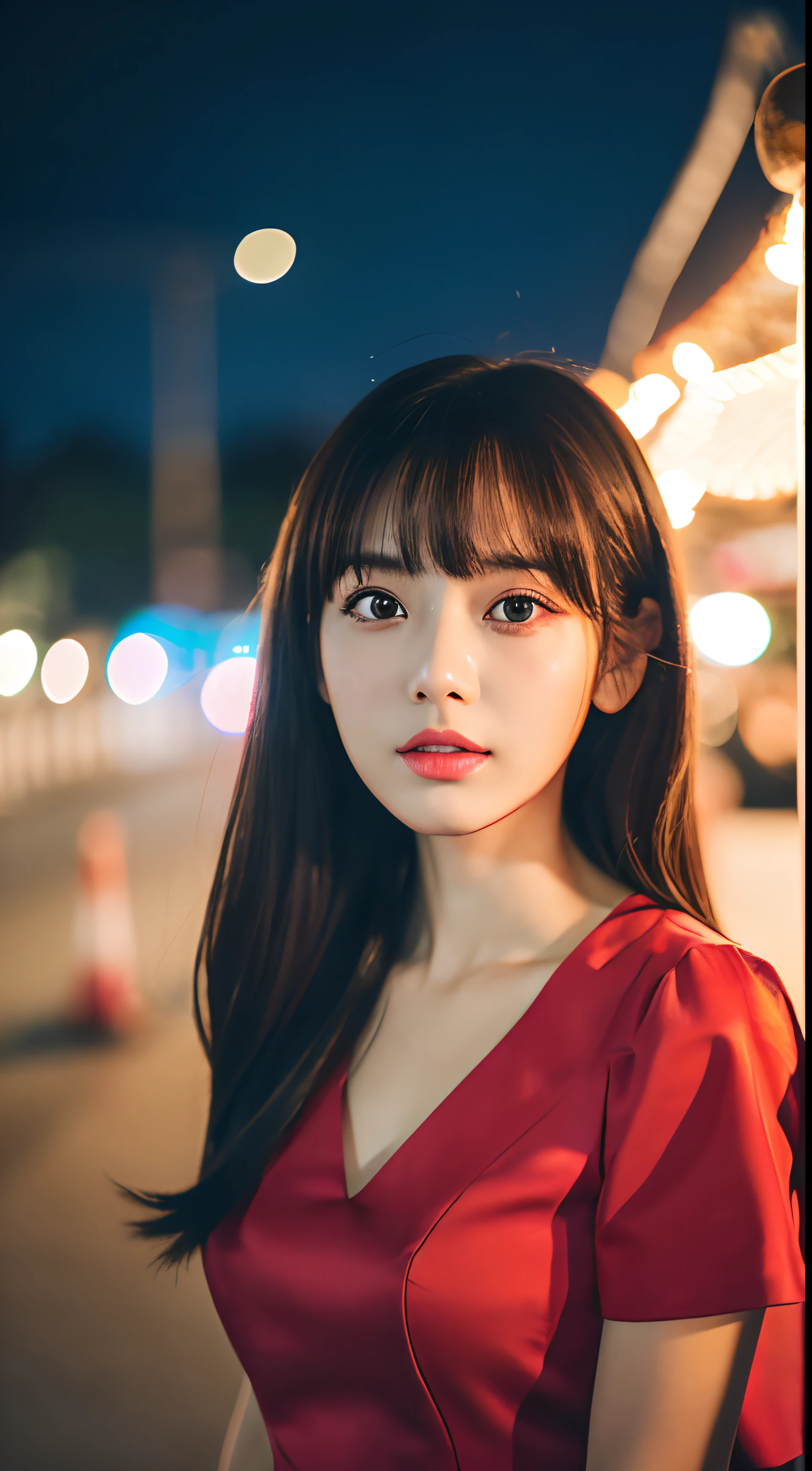 (8K, Raw photo, Best Quality, masutepiece:1.2), (Realistic, Photorealsitic:1.37) , 1girl in, (carousel, Night), Miao Xiaoji(secret_tee), Detailed face, Detailed eyes, RED dress,